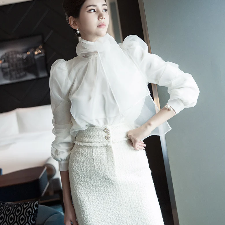 B2497 Puff Sleeve Organza Scarf Blouse - Image 2