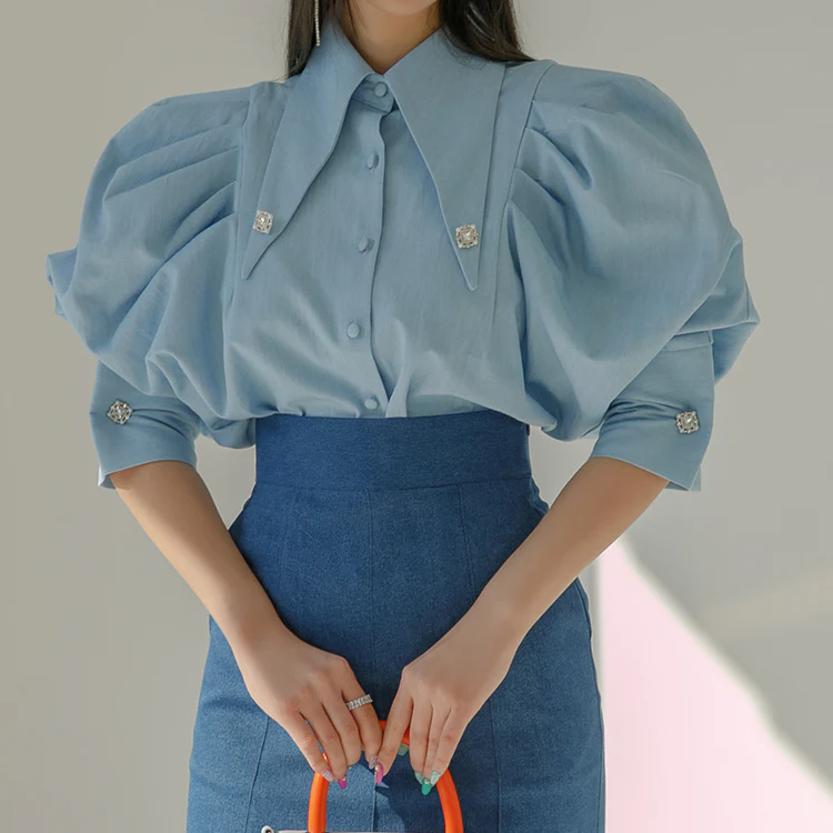 S669 Denim Big Collar Puff Blouse - Image 2