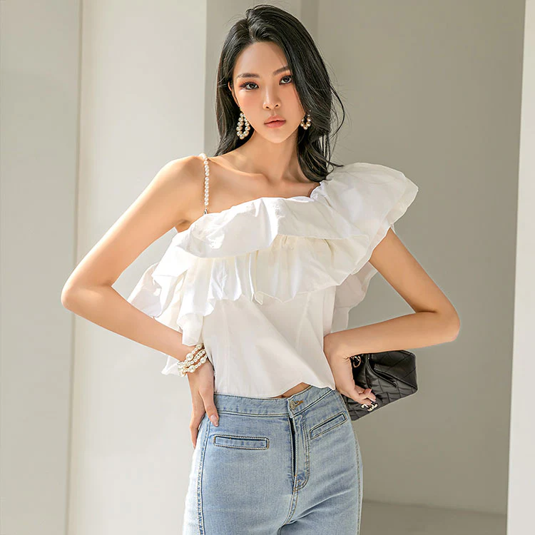 B2737 One Shoulder Pearl Blouse - Image 2