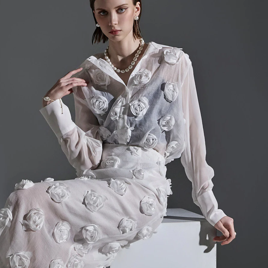 B2924 Rose See-through Shoulder Padded Blouse - Image 2