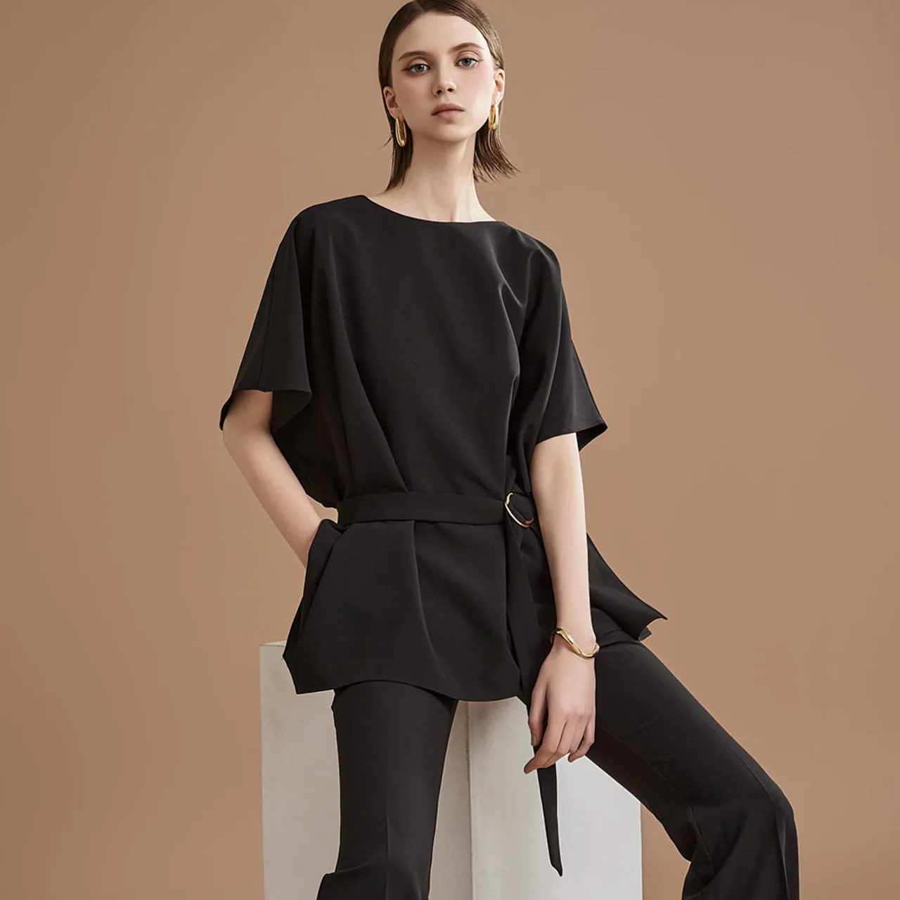 B2928 Boatneck Belt Set Blouse - Image 2
