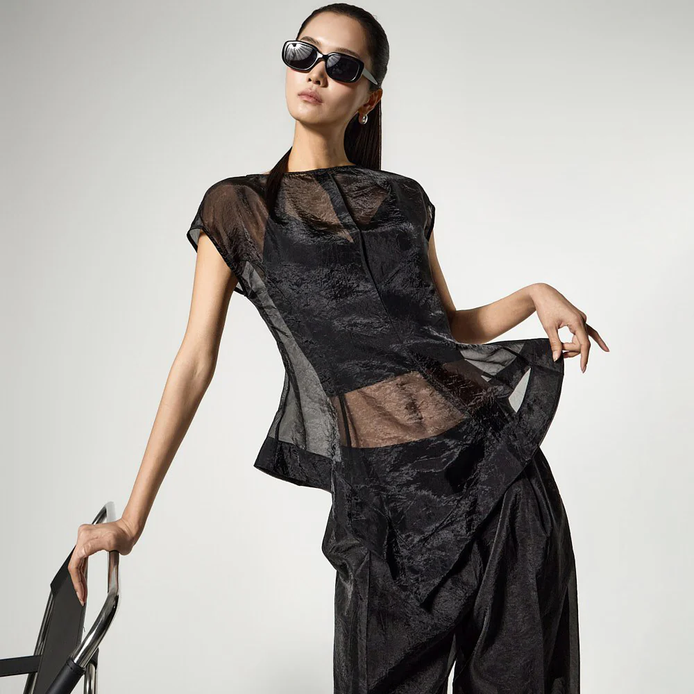B3183 Organza Asymmetrical Blouse - Image 2