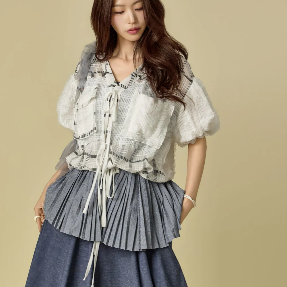 B3191 Check Contrast Layered Blouse - Image 2