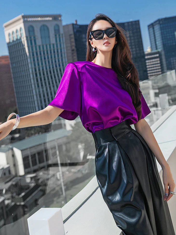 B9100 Shining Round neck Shoulder Pad Short Sleeve Blouse