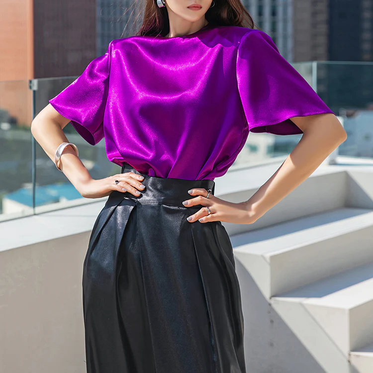 B9100 Shining Round neck Shoulder Pad Short Sleeve Blouse - Image 2
