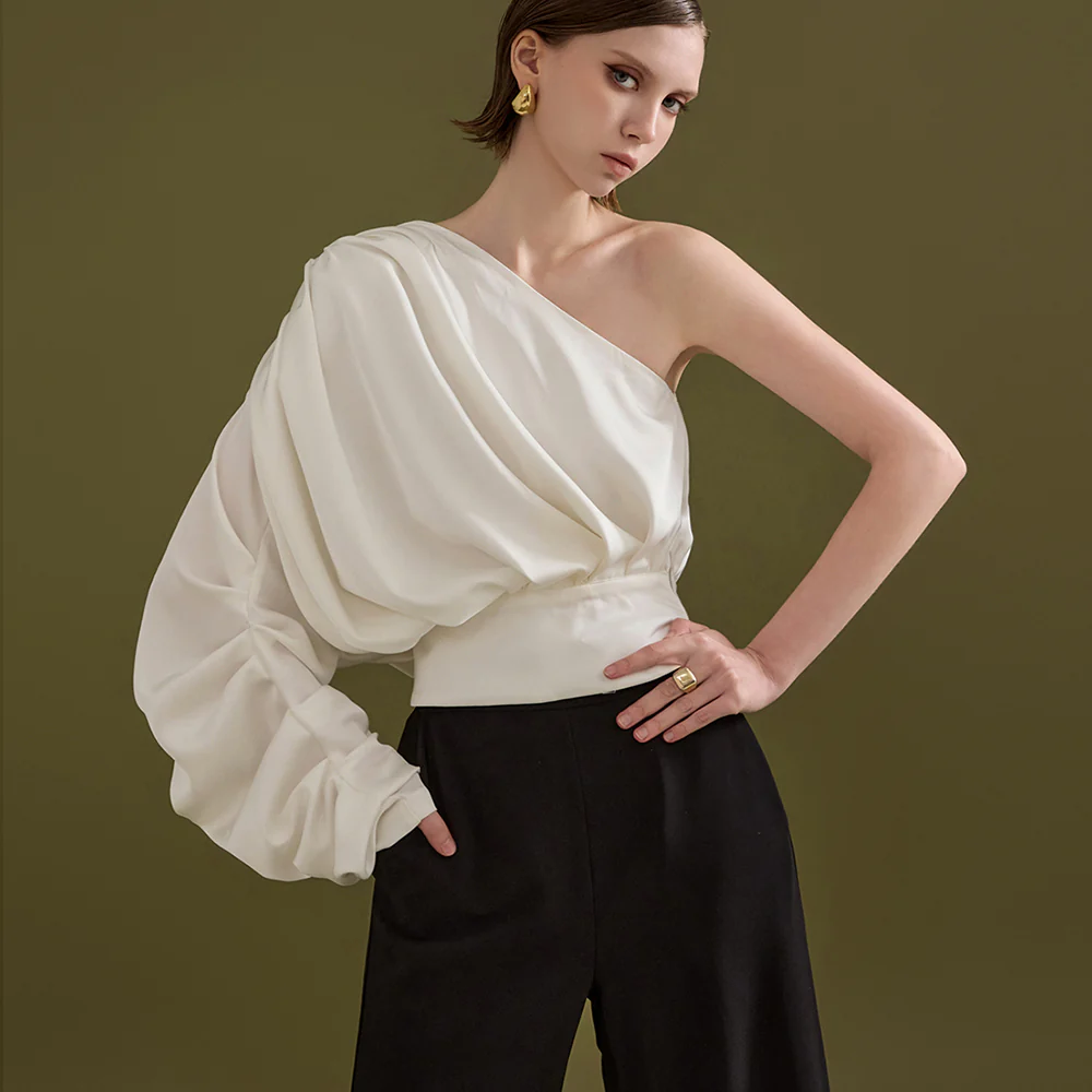 B9114 Satin One Shoulder Shirring Blouse - Image 2