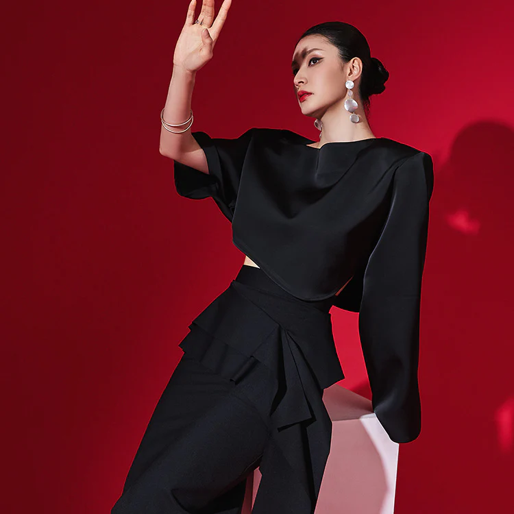 B9149 Boat Neckline Asymmetric Sleeve Crop Blouse - Image 2