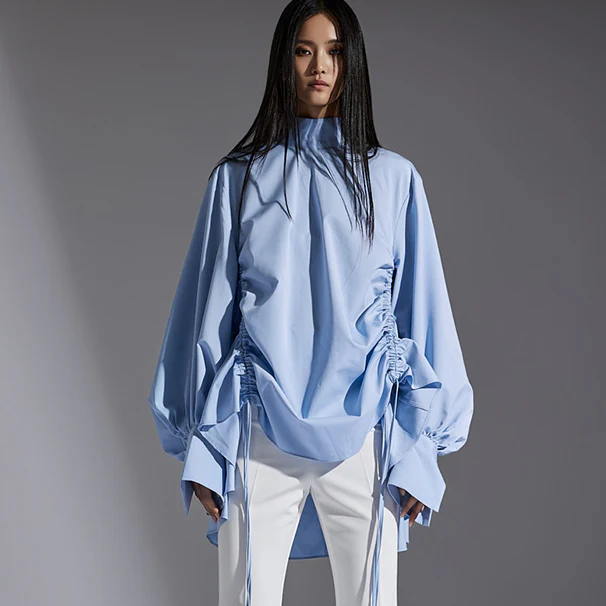 B9174  Side Drawstring Dressy Blouse - Image 2