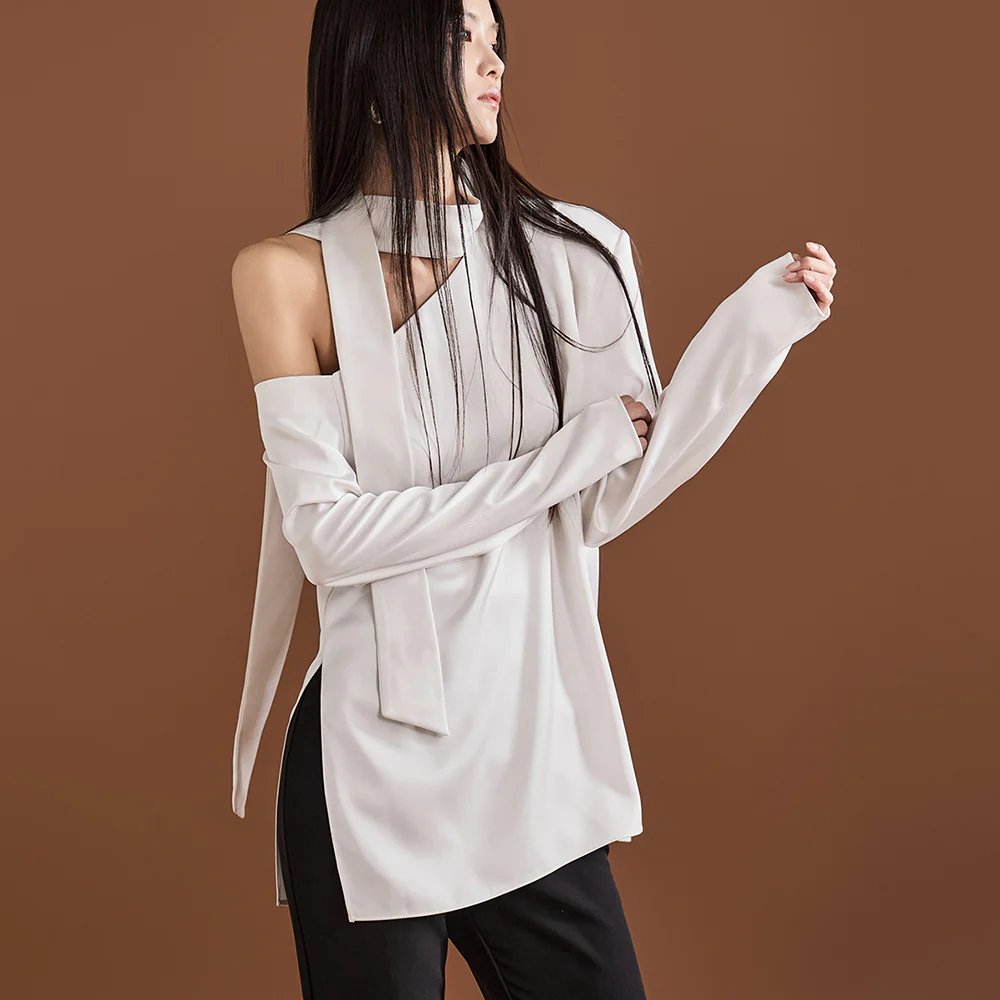 B9175 Satin One Shoulder Scarf Blouse - Image 2