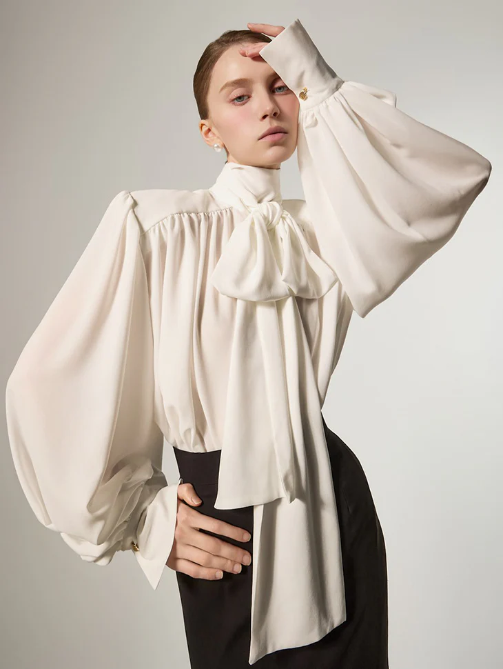 B9213 High-Neck Tie Drape Blouse