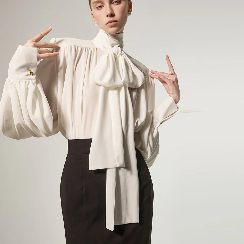 B9213 High-Neck Tie Drape Blouse - Image 2