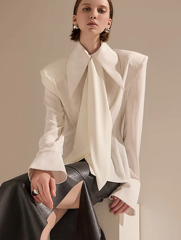 B9139 Button Shoulder Pad Blouse(Scarf Set)