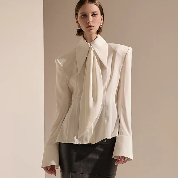 B9139 Button Shoulder Pad Blouse(Scarf Set) - Image 2