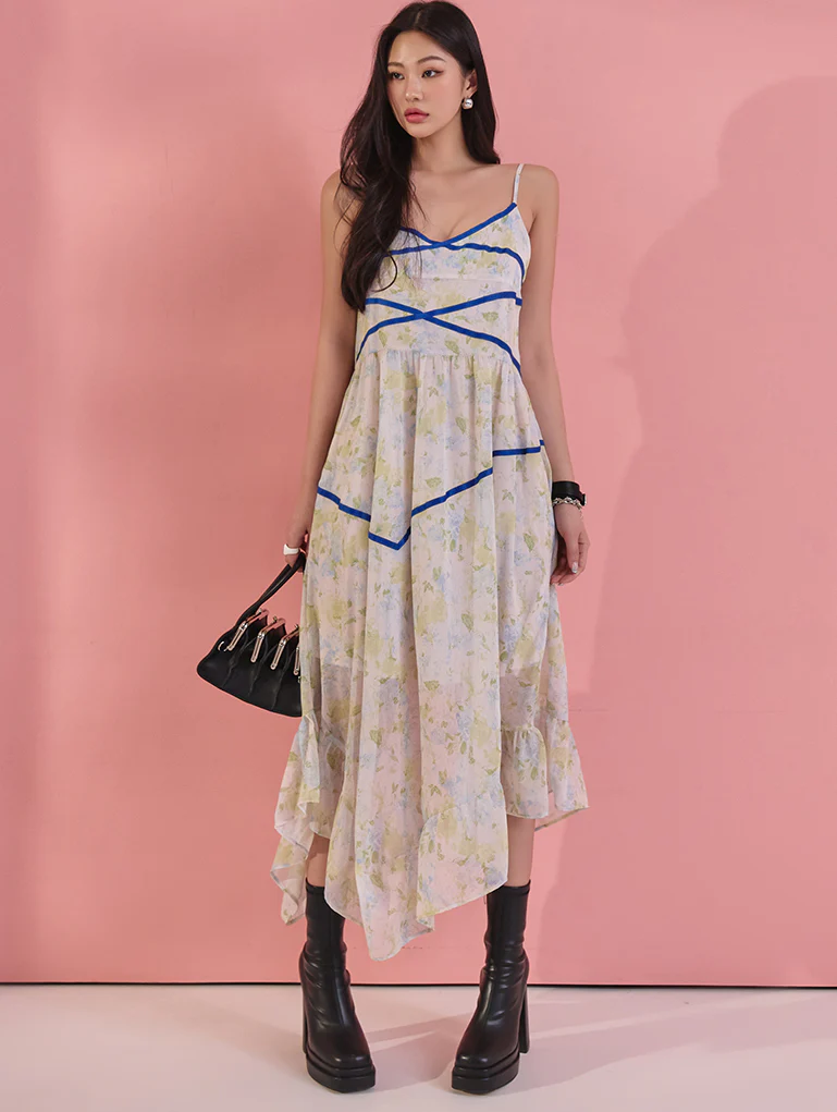 D4650 Printing Taping Sleeveless Dress