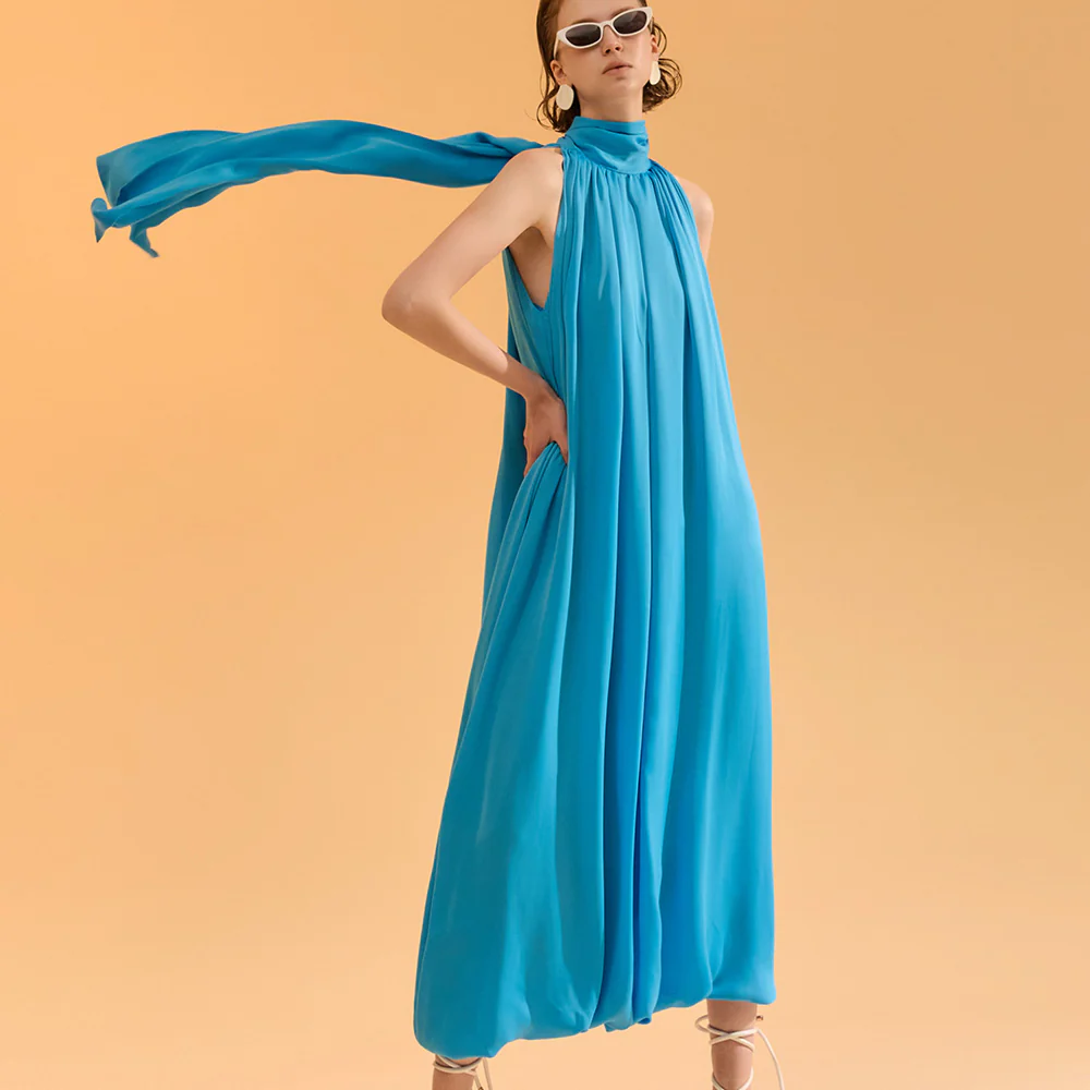 D9443 High-neck Scarf Shirring Long Dress - Image 2