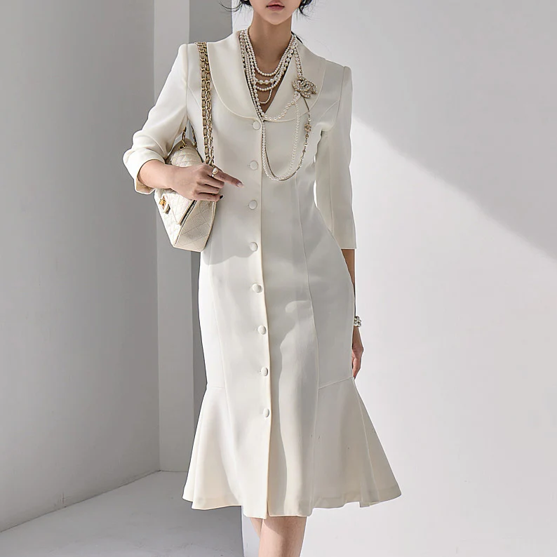 D3755 Collar Slim Frill Midi Dress - Image 2