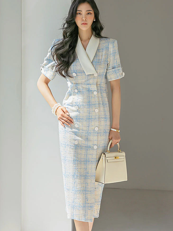 D4458 Contrasting Color Tweed Pattern Midi Dress