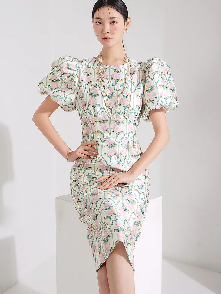 D4623 Balloon Flower Midi Dress