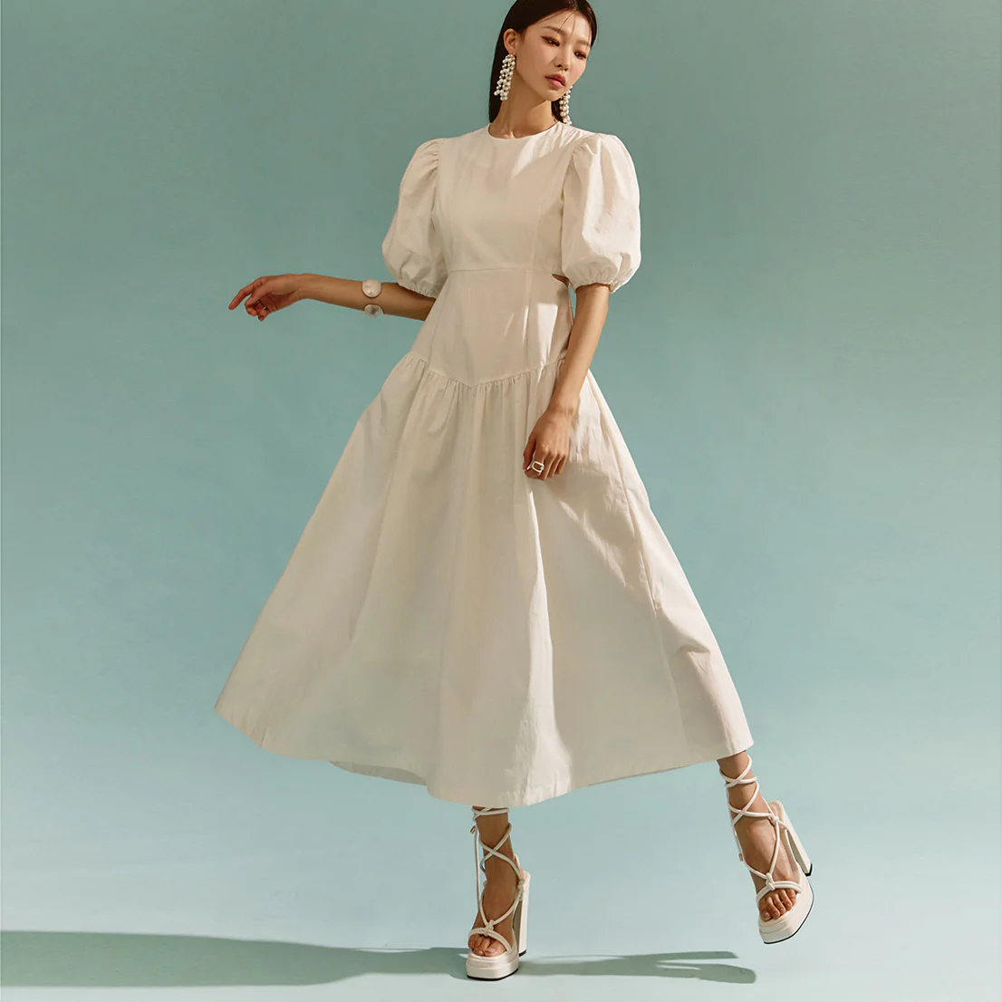 D4722 Puff Sleeve Side Cutout Long Dress - Image 2