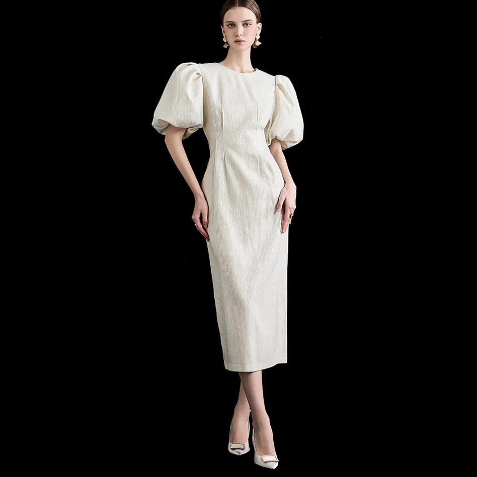 D4854 Glossy Puff Sleeve Dress - Image 2
