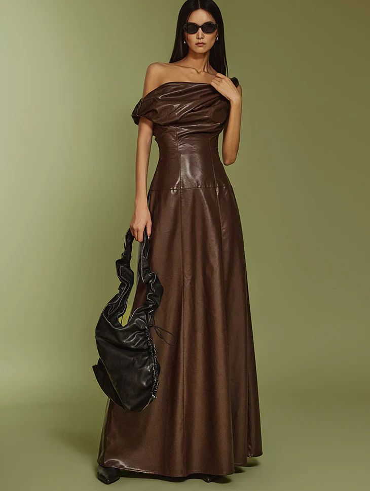 D5088 Off Shoulder Leather Dress