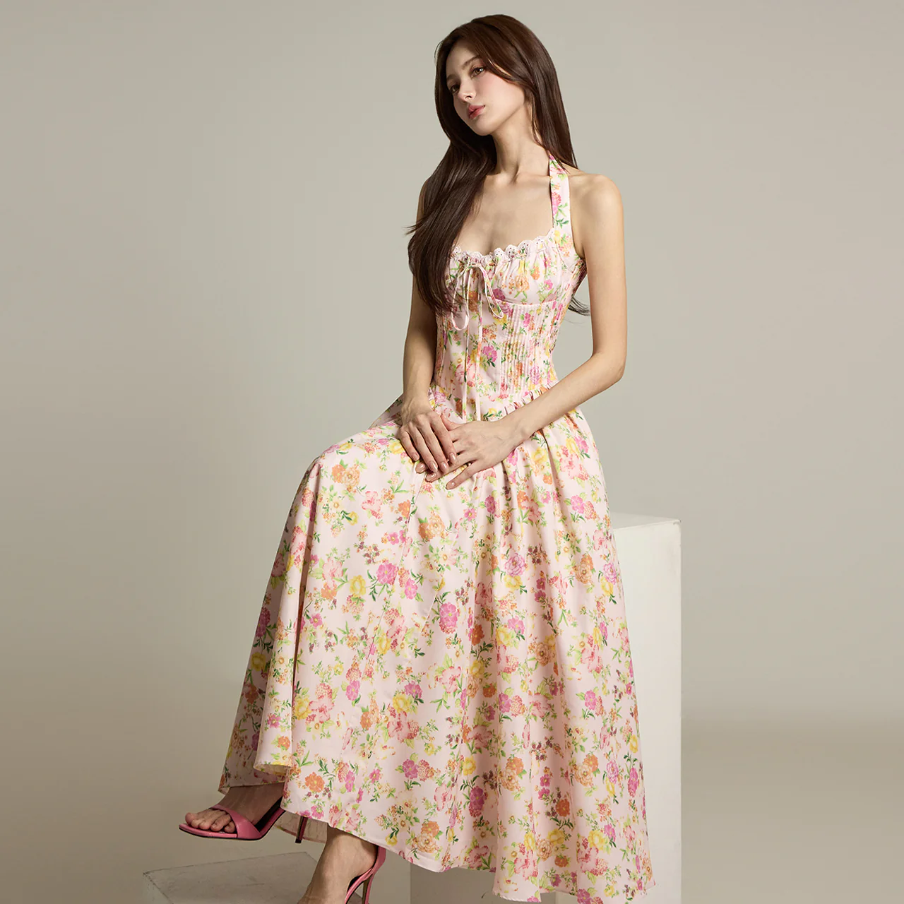 D5246 Flower Pattern Halterneck Dress - Image 2