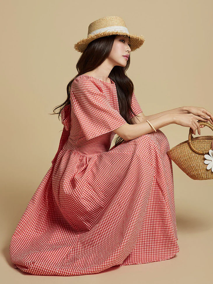 D5306 Plaid Shirring Dress