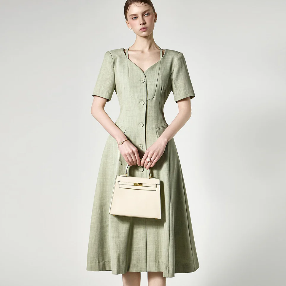 D5513 V-Neck Button Flare Dress - Image 2