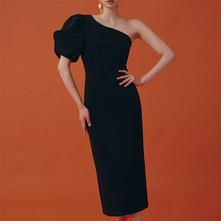 D9145 One Shoulder Puff Midi Dress - Image 2