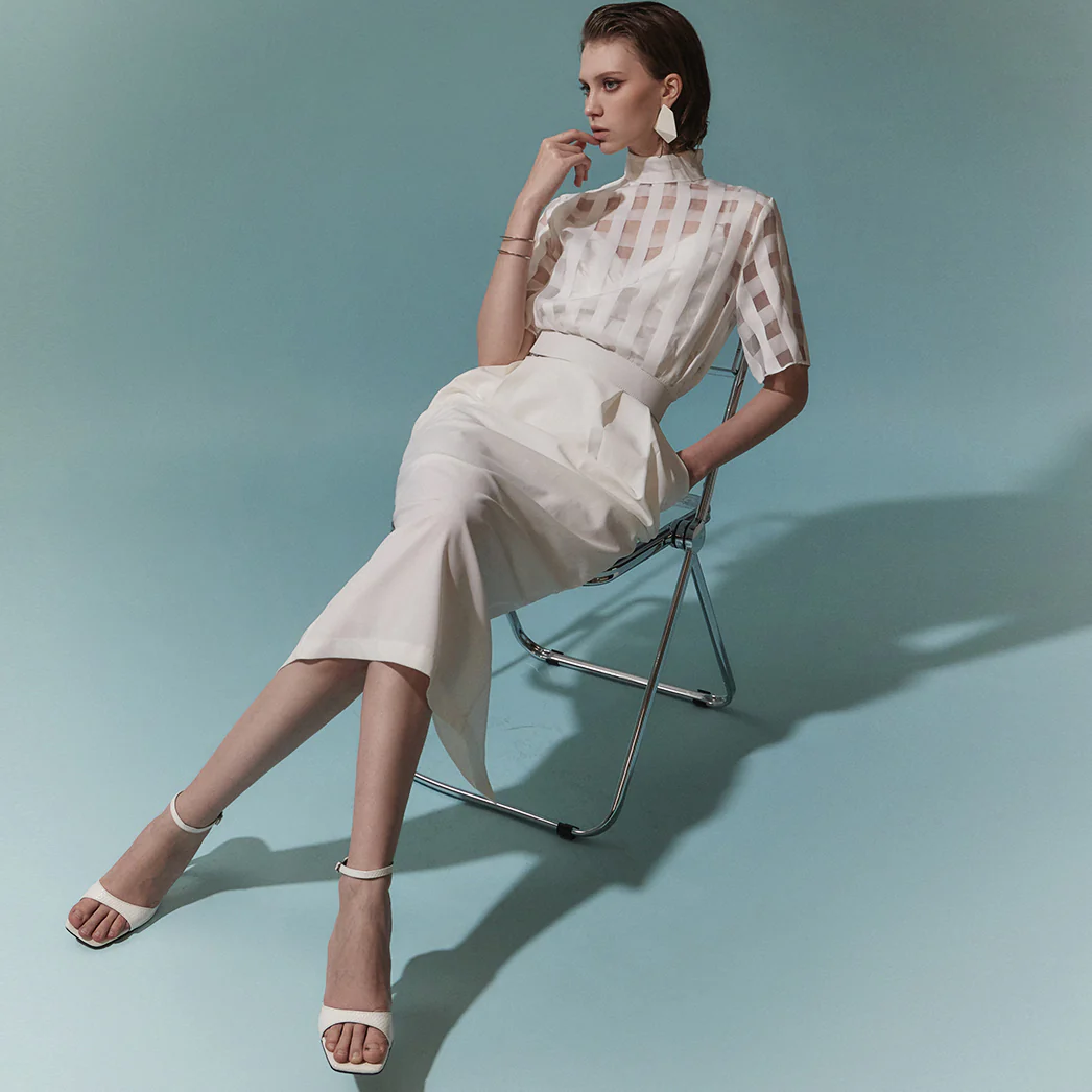 D9183 Square See-through Color Scheme Midi Dress(Belt set) - Image 2