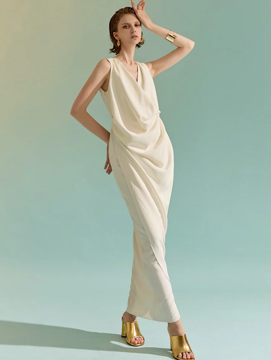 D9278 Cowl Neck Drape Sleeveless Maxi Dress
