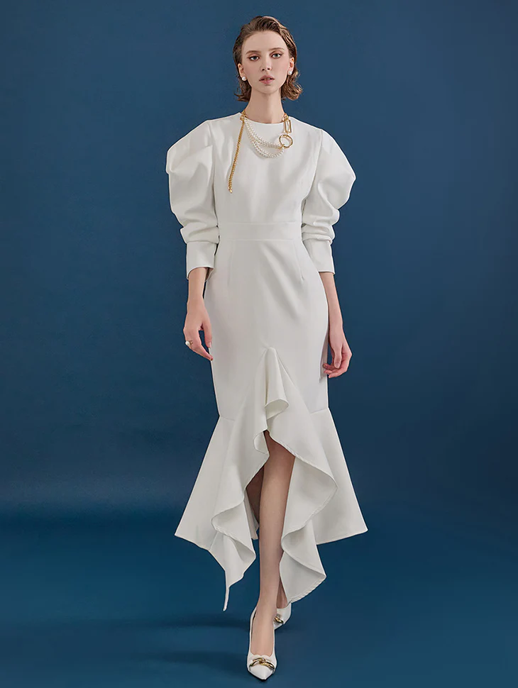 D9285 Puff Sleeve Slim Ruffle Point Unbalance Dress