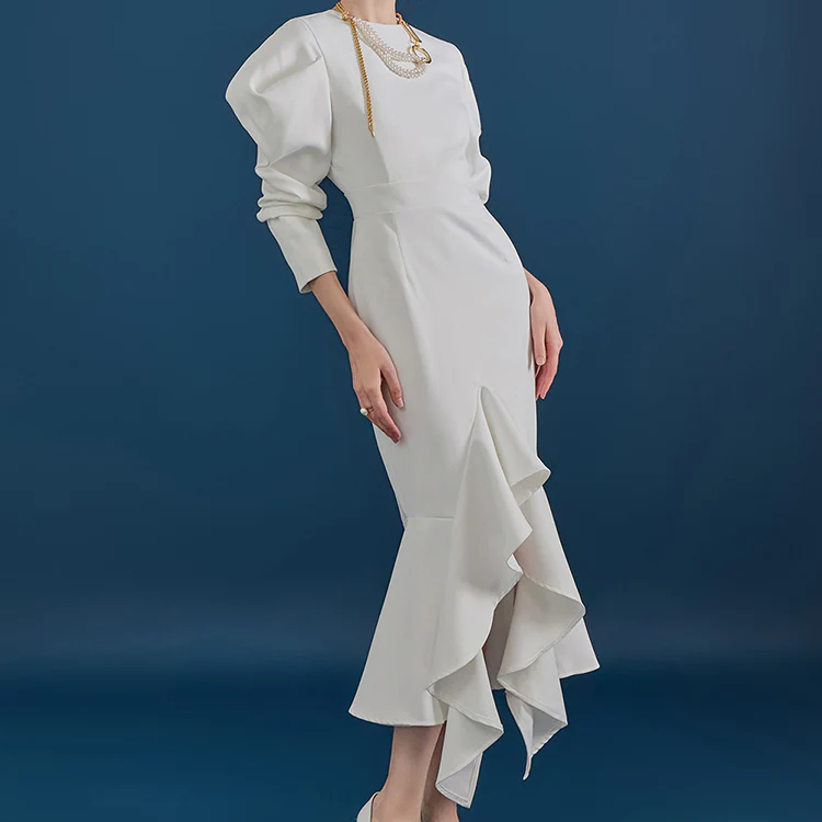 D9285 Puff Sleeve Slim Ruffle Point Unbalance Dress - Image 2