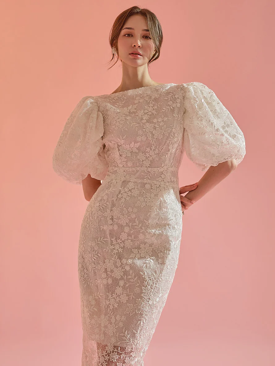 D9328 Lace Puff Slim Midi Dress