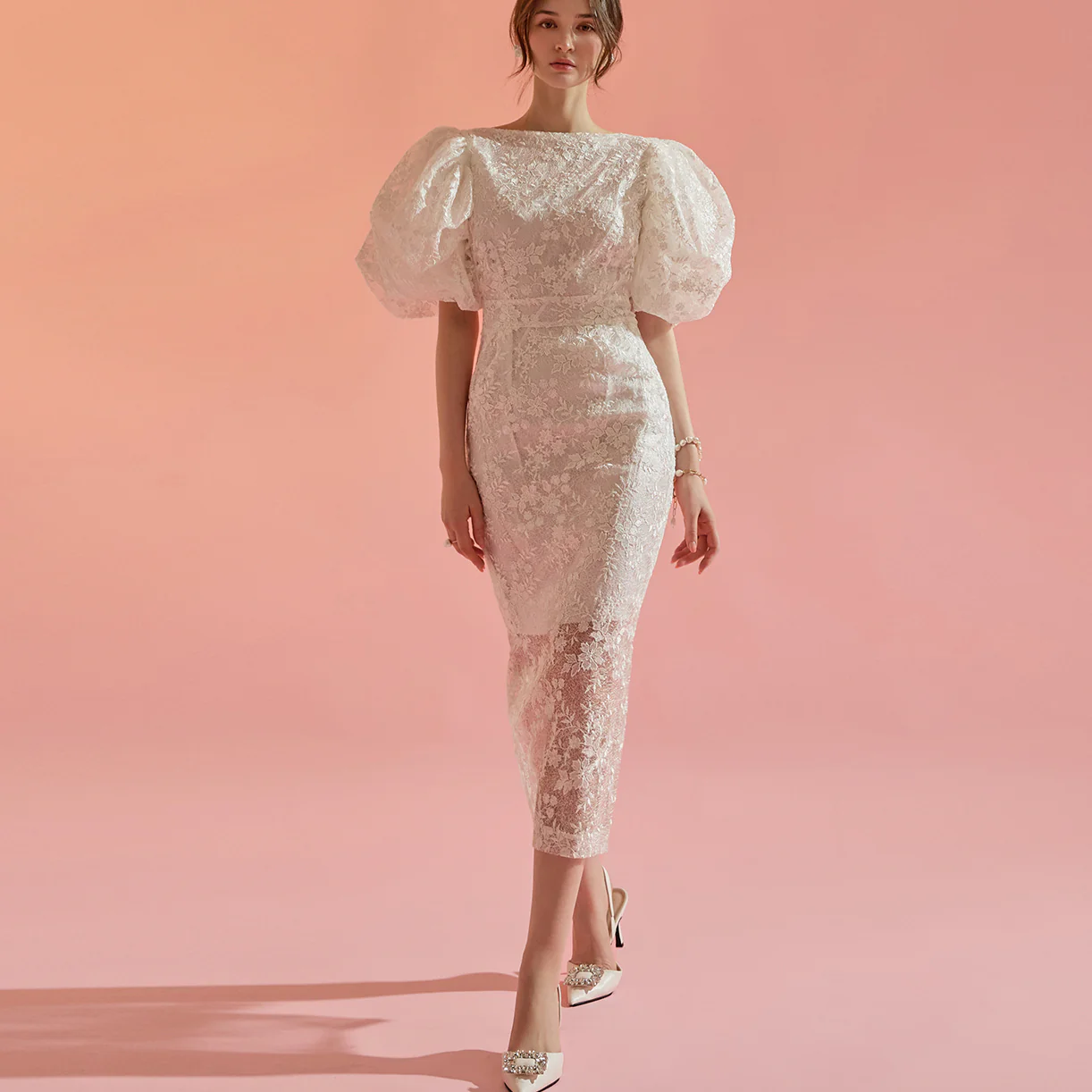D9328 Lace Puff Slim Midi Dress - Image 2