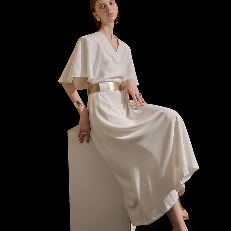 D9376 V-neck Frill Pad Long Dress(Belt set) - Image 2