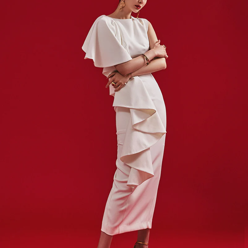 D9413 Sleeveless One Shoulder Frill Midi Dress - Image 2