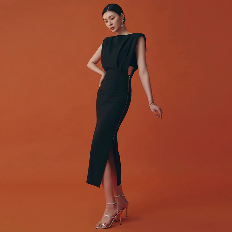 D9419 Pintuck Shoulder Pad Midi Dress(Inner Set) - Image 2