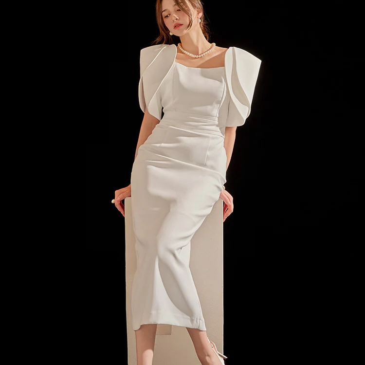 D9433 Tulip Balloon Sleeves Slim Dress - Image 2