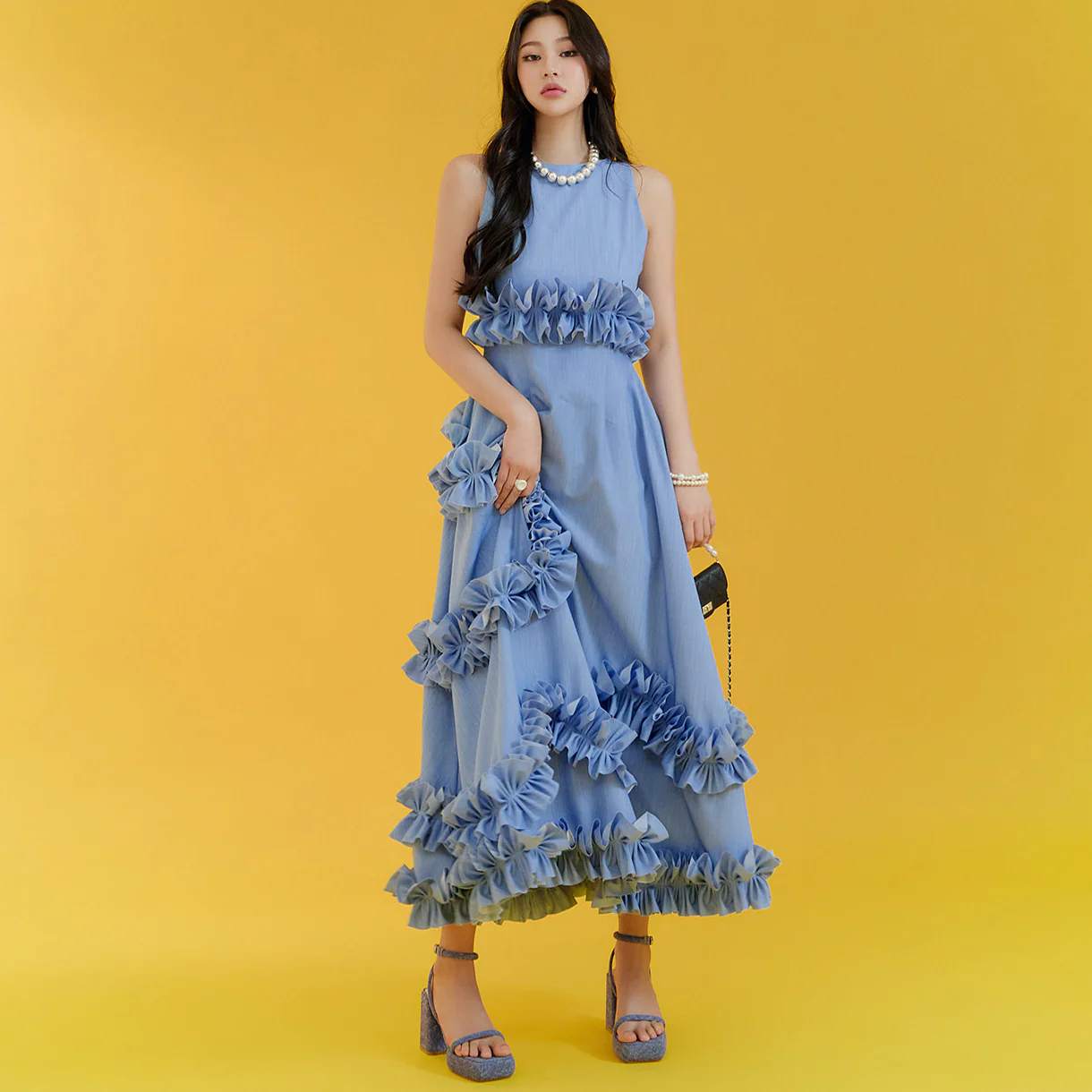 D9434 Denim Frill Sleeveless Dress - Image 2