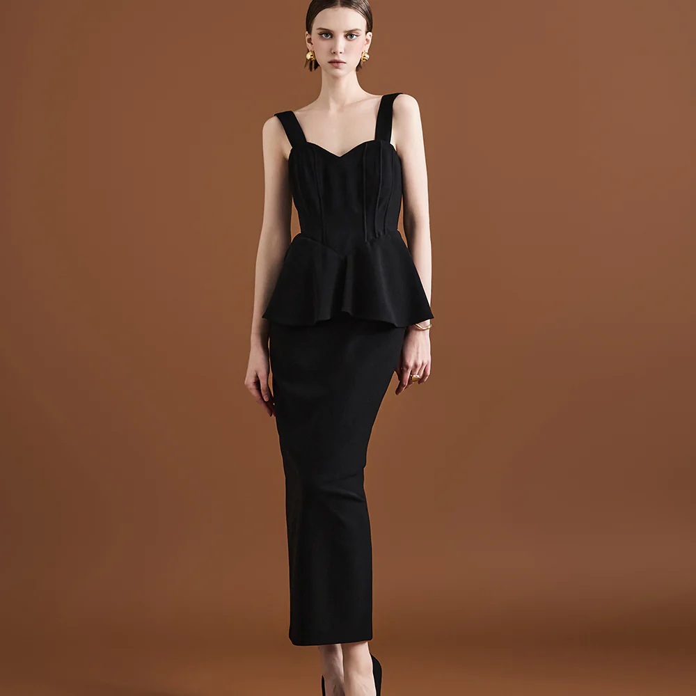 D9458 Tube Top Pintuck Frill Long Dress(shoulder Strap Set) - Image 2