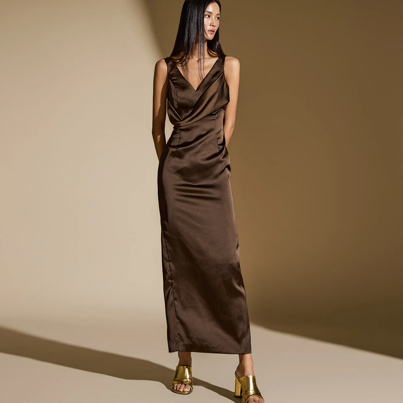 D9500 V-Neck Slim Satin Dress - Image 2