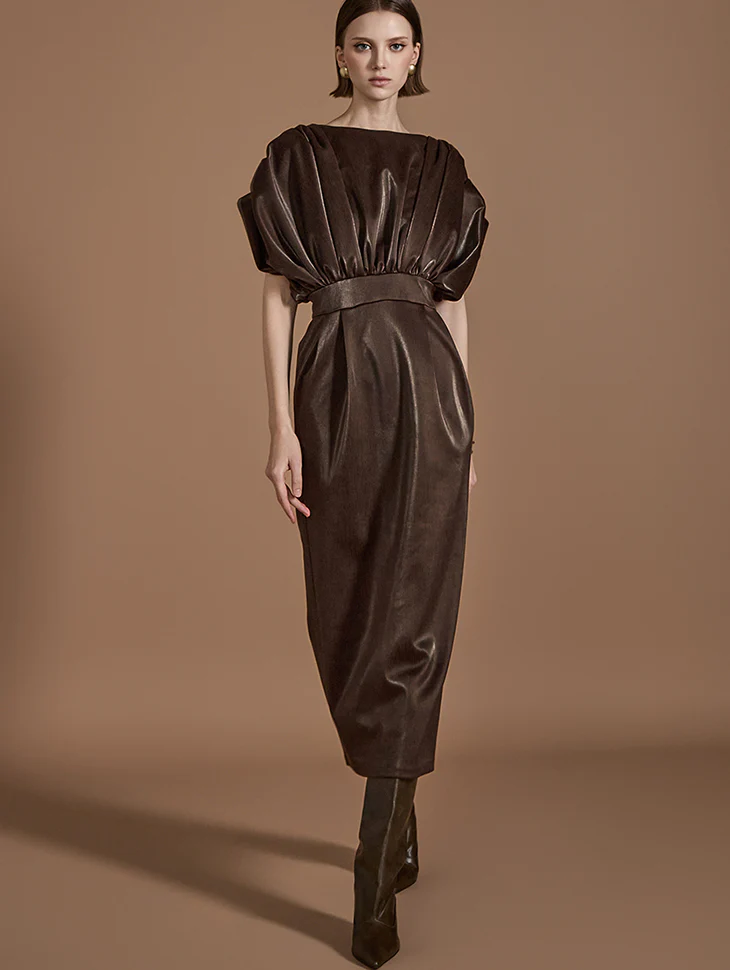 D9509 Leather Pin tuck Shirring Dress