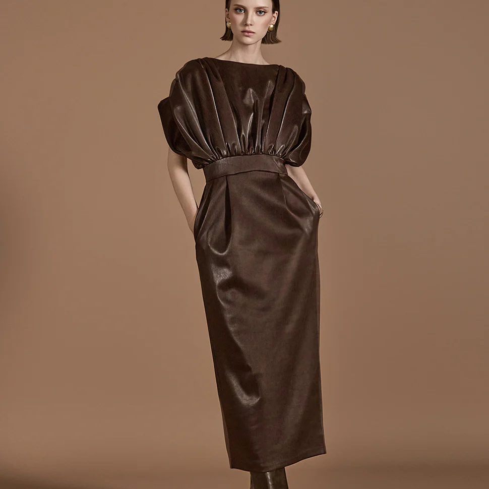 D9509 Leather Pin tuck Shirring Dress - Image 2