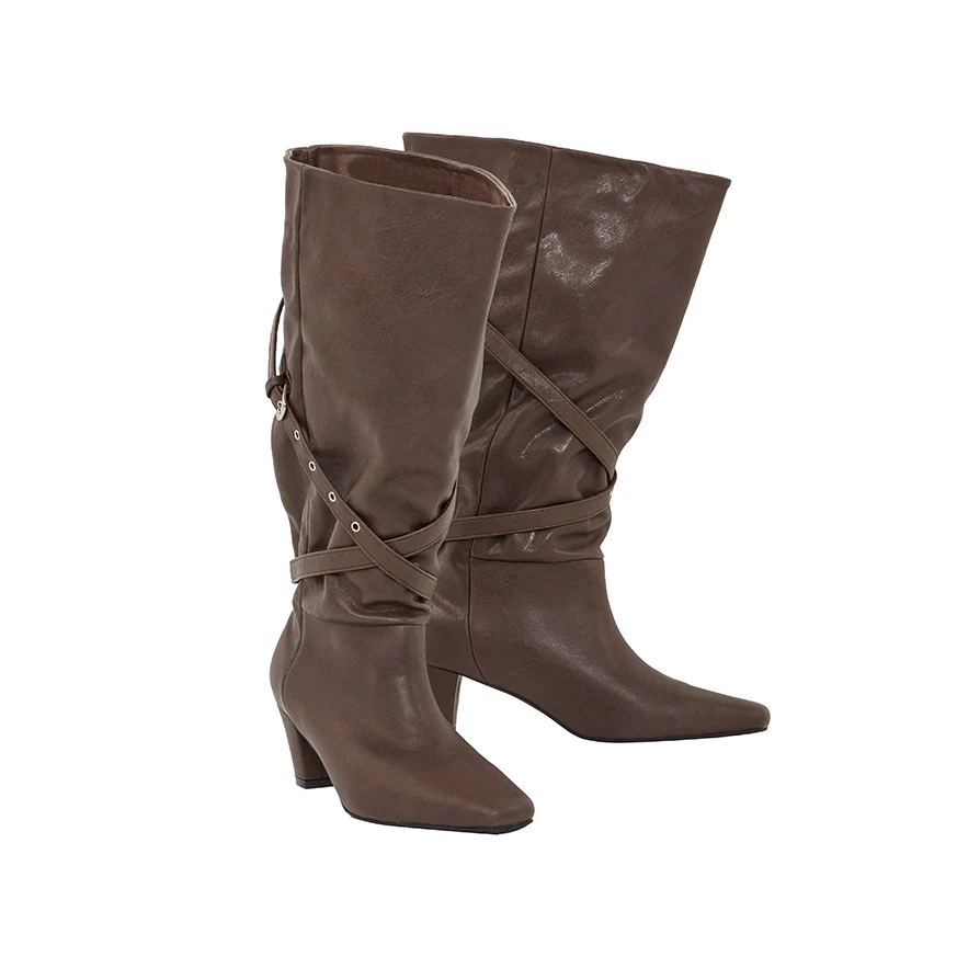 DTAR-035 Strap Shirred Mid-Heel Long Boots - Image 2