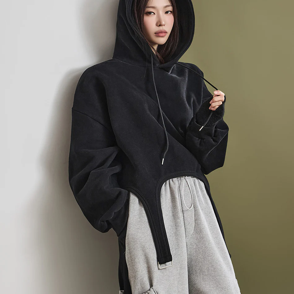E3203 Fleece-lined Unbalance Buckle Hooded Top - Image 2
