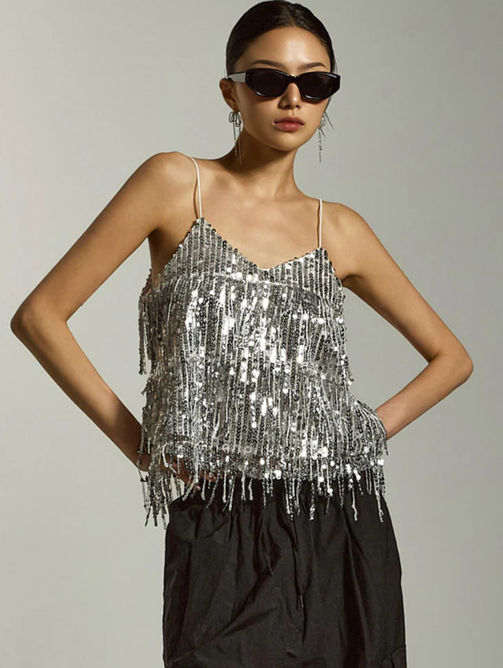 E3866 Spangle Fringe Sleeveless Top