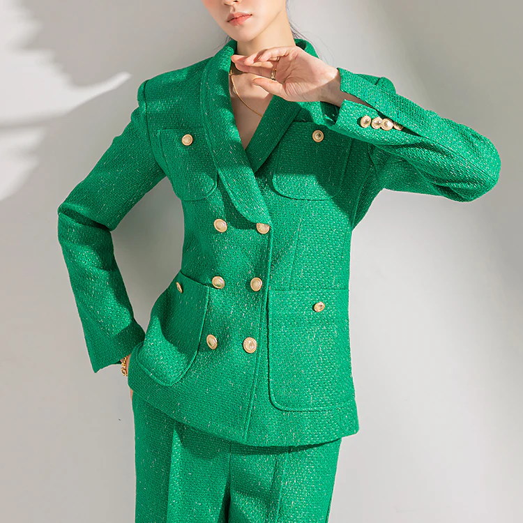 J1616 Tweed Shawl Collar Double Button Jacket - Image 2