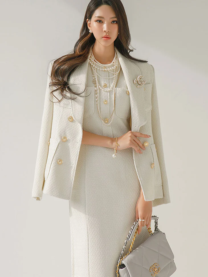 J1616 Tweed Shawl Collar Double Button Jacket