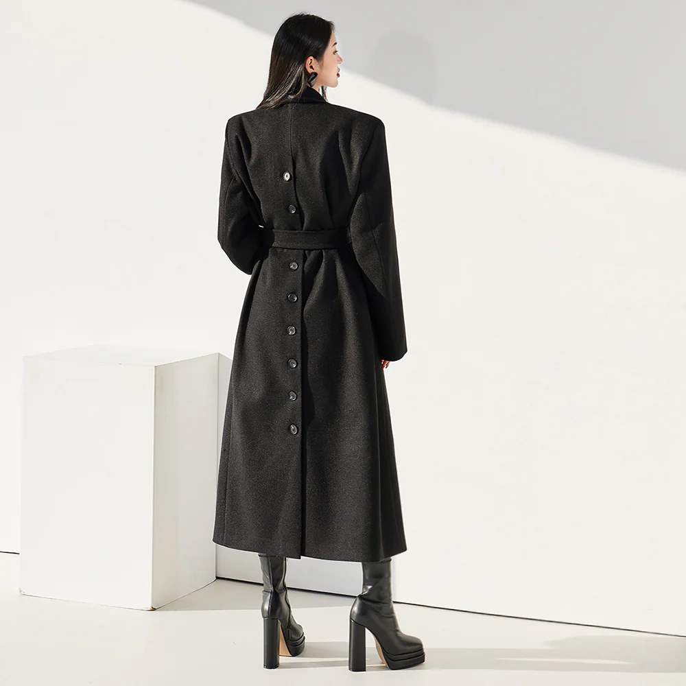 J1687 Back Button Long Coat With Belt - Image 2